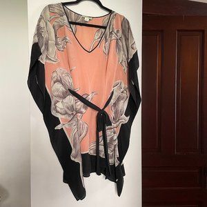 Lil for Anthropologie Light Pink Black Floral Silk Tunic Top